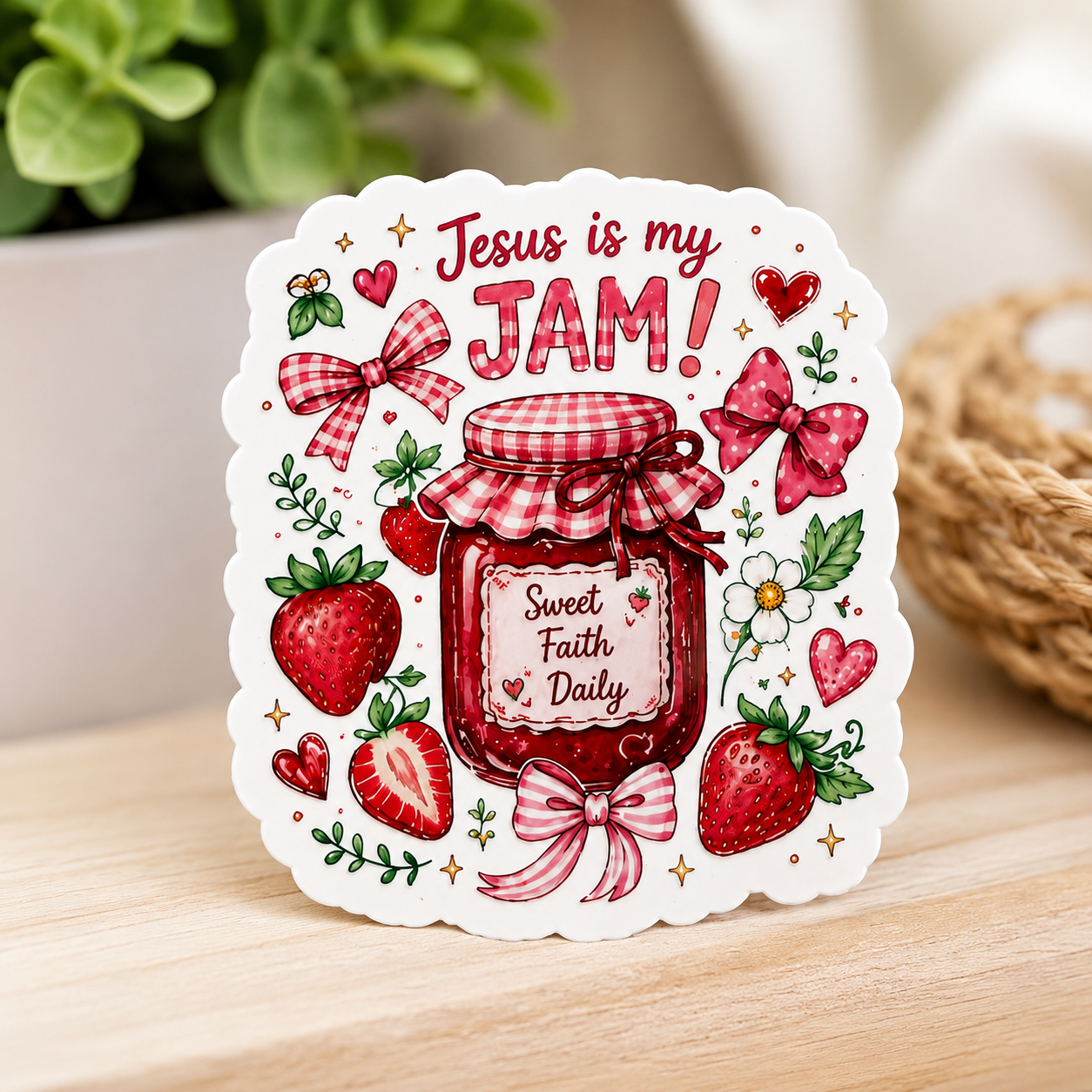 Round white sticker with "Jesus is my JAM!" text, plaid bows, strawberry, jar, hearts
