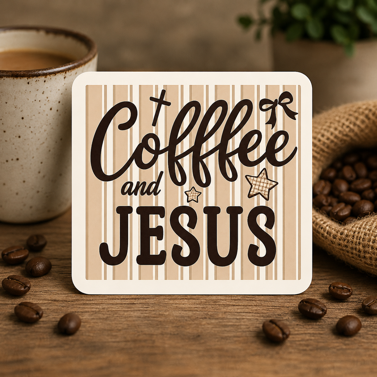 Rectangular Coffee and Jesus sticker with beige stripes and black script, with stars