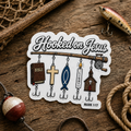 White fishing-themed sticker with “Hooked on Jesus,” cross, fish, Bible, and Mark 1:17 text