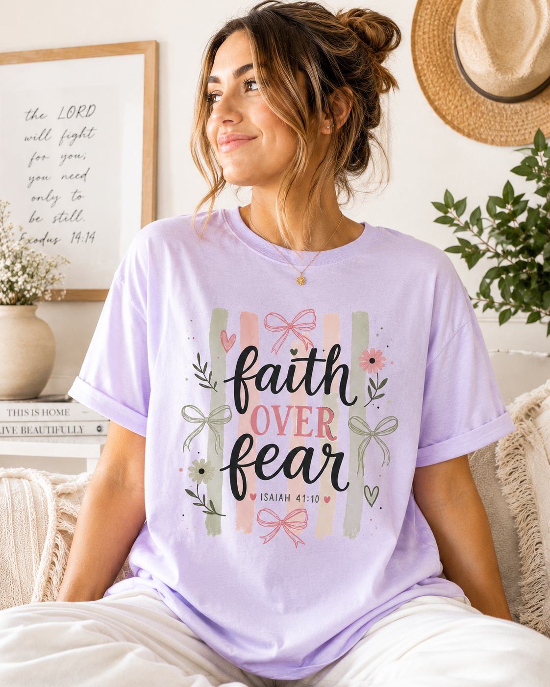Lavender crewneck T-shirt with faith over fear floral ribbon graphic
