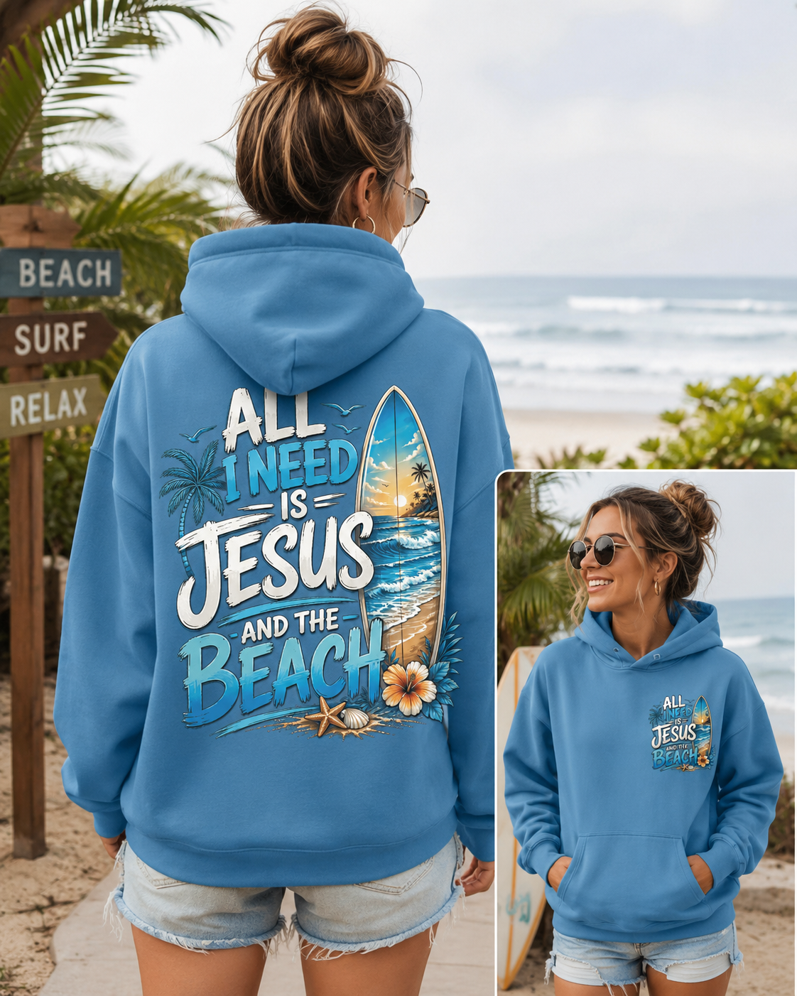 Blue beach hoodie with large back print: All I Need Is Jesus and the Beach.