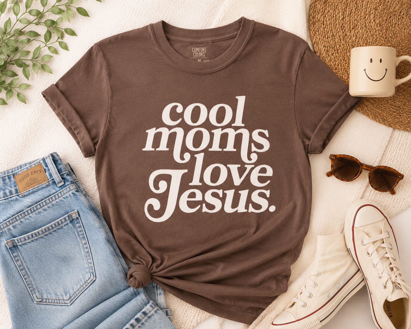 Brown graphic T-shirt with “Cool moms love Jesus” text in white