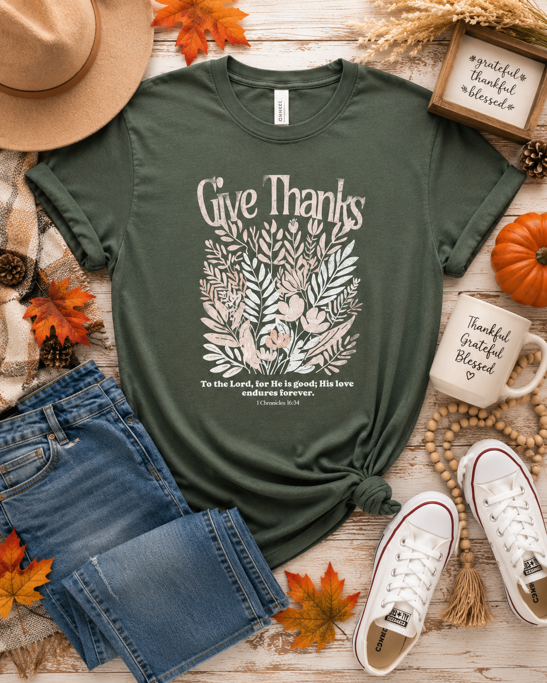 Heather military green T-shirt with 'Give Thanks' text and leaf wreath front graphic