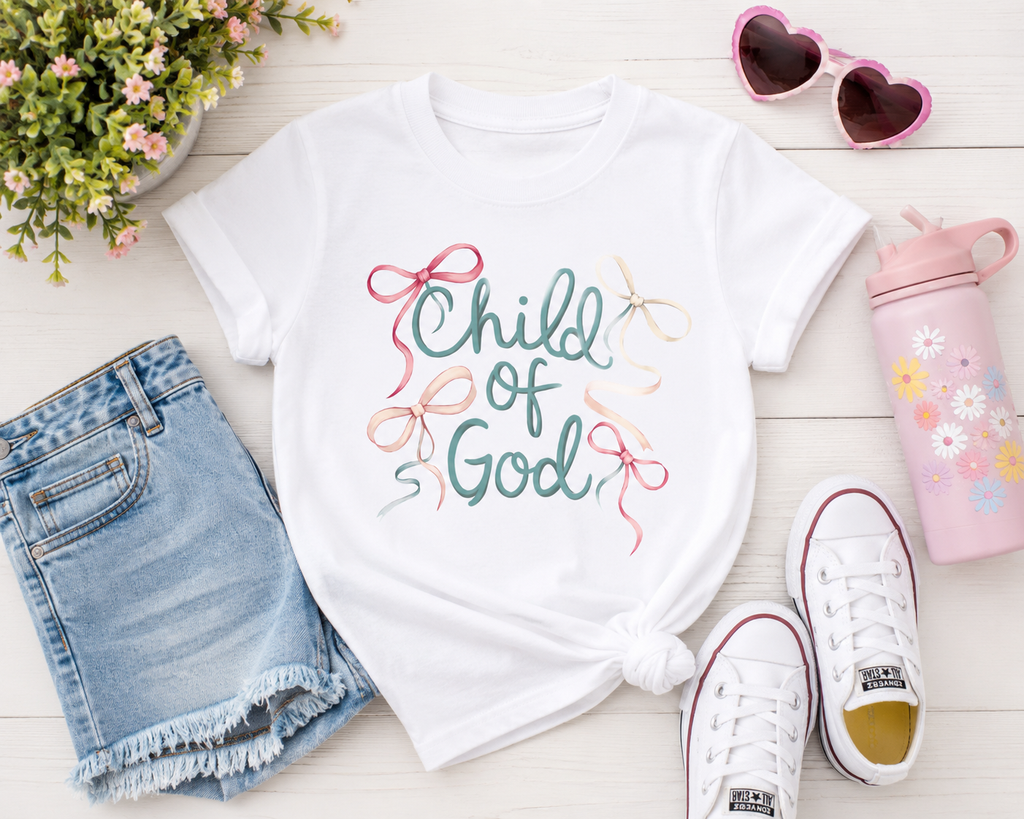 White kids crew-neck T-shirt with pastel “Child of God” ribbon-style graphic