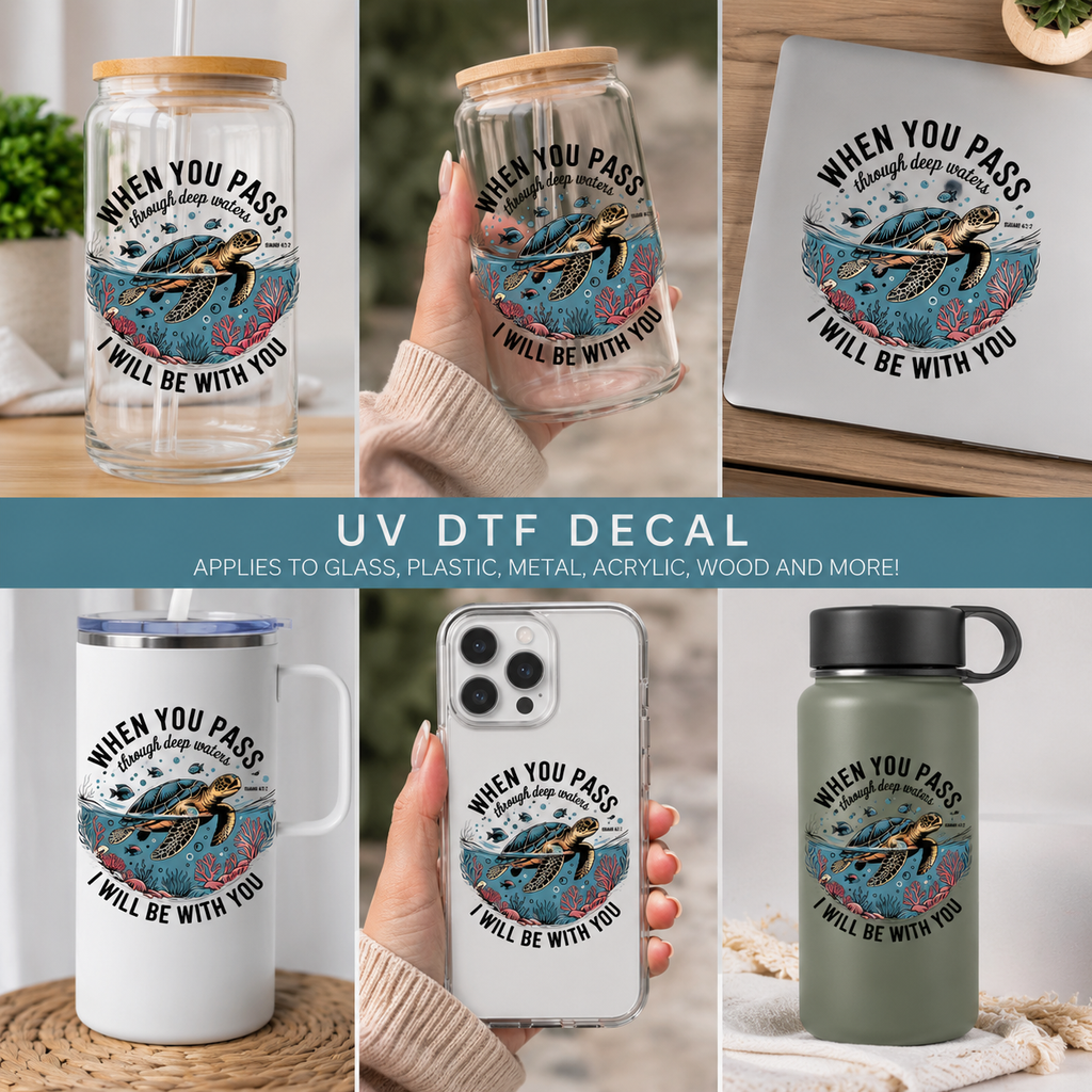 UV DTF decal design of sea turtle and scripture on drink cups, phone case, mug and more