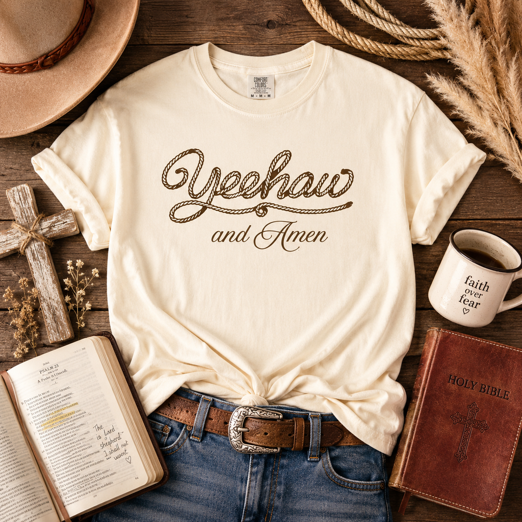 Ivory graphic Christian tee with 'Yeehaw and Amen' script