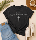 Dark short-sleeve tee with Heaven and Top Of My Bucket List text, plus cross