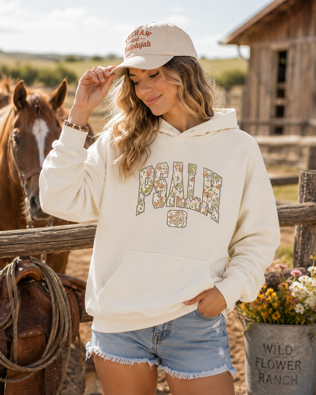 White hoodie with floral 'Psalm 23:1' front print and kangaroo pocket