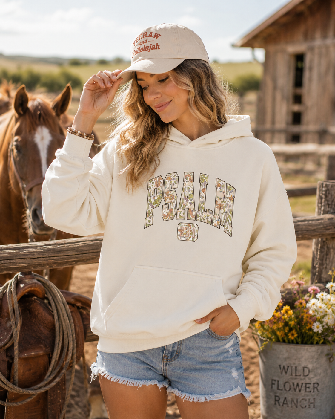 White hoodie with floral 'Psalm 23:1' front print and kangaroo pocket