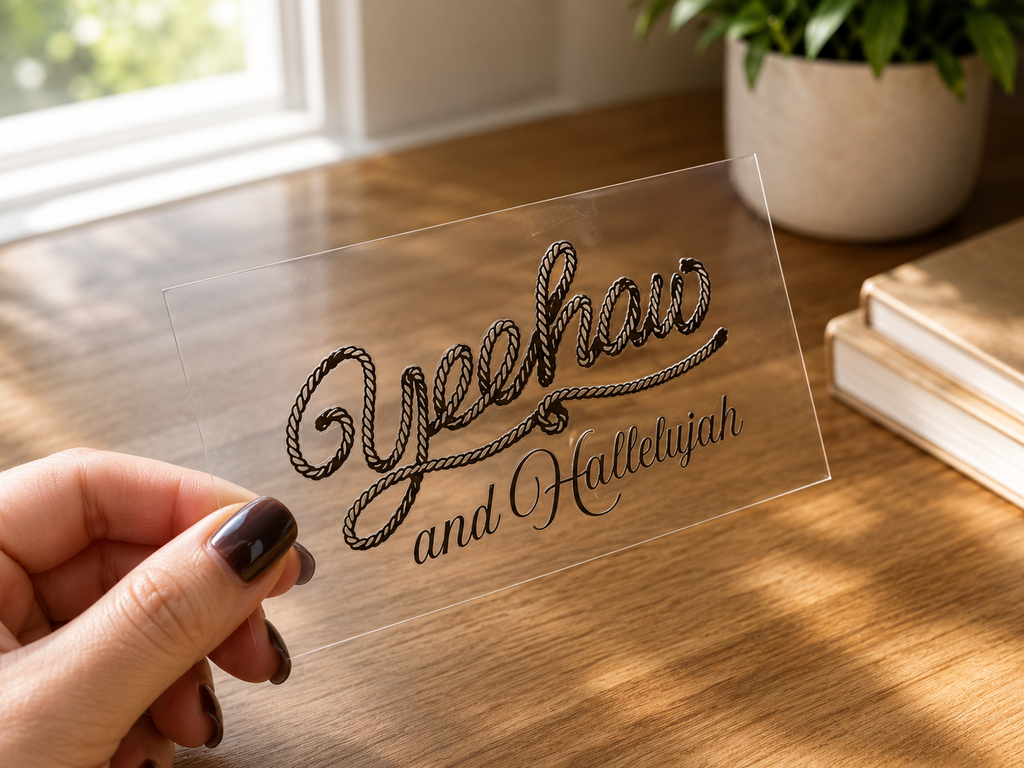 Yeehaw and Hallelujah UVDTF decal on clear sheet, black script text