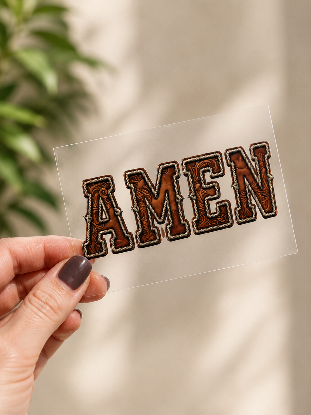 Clear Amen UV DTF decal sheet with brown and gold "AMEN" lettering