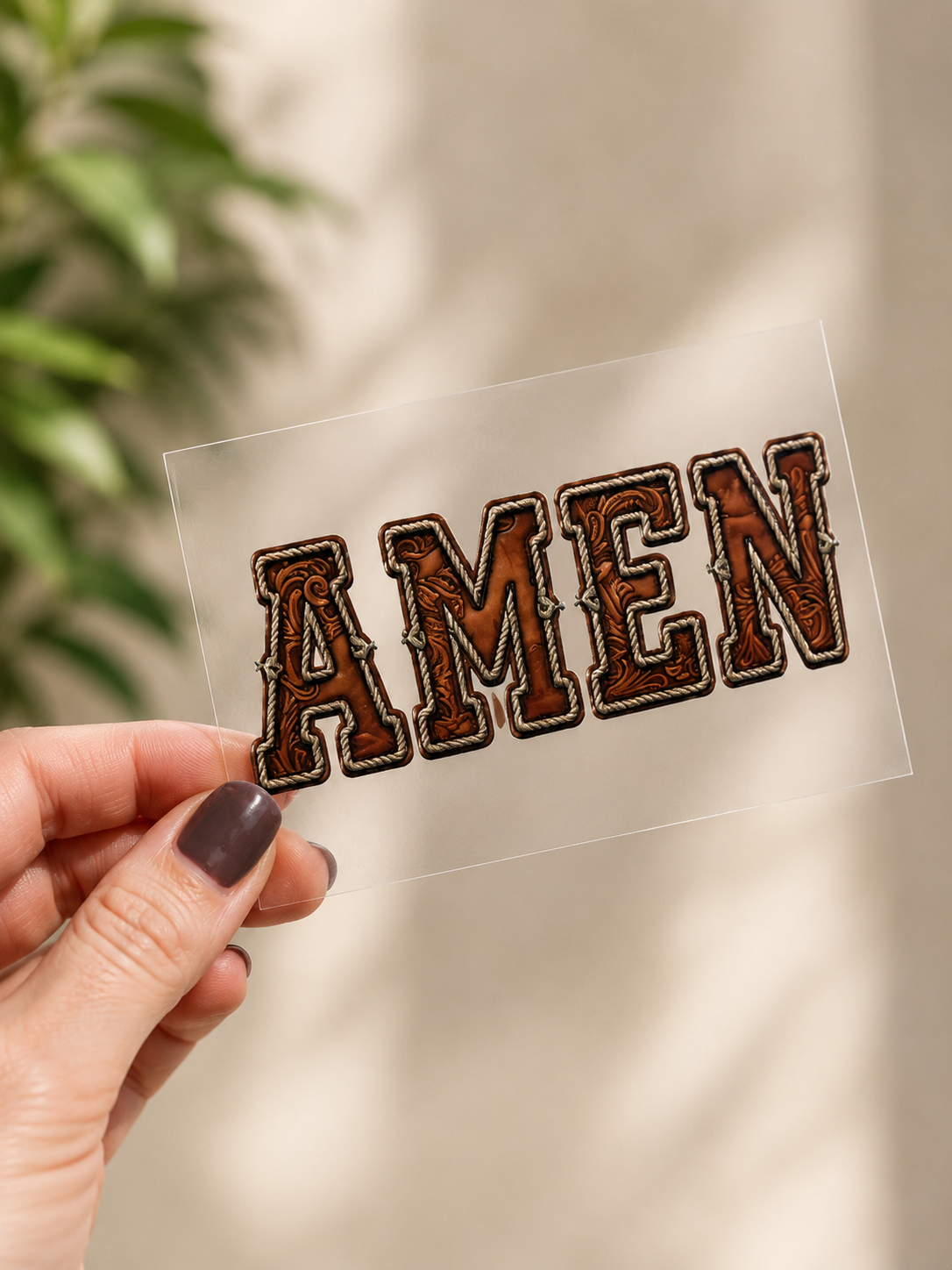 Clear Amen UV DTF decal sheet with brown and gold "AMEN" lettering
