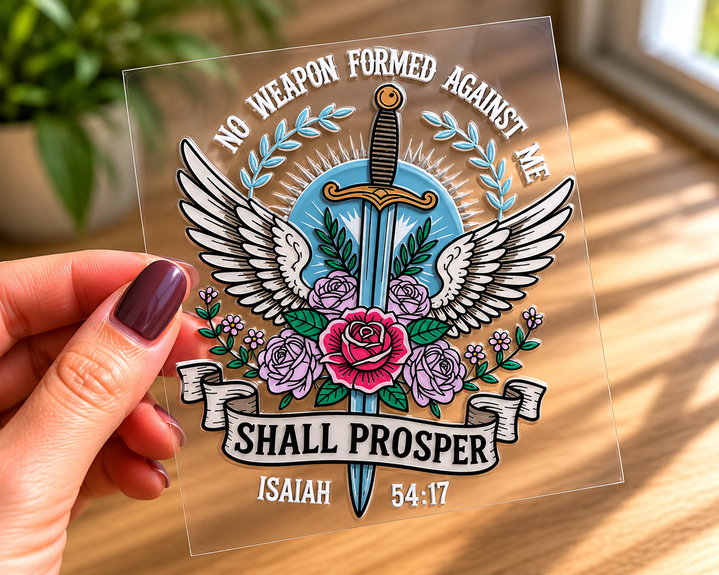 UV DTF decal: winged sword with floral wreath, “SHALL PROSPER” and “Isaiah 54:17”