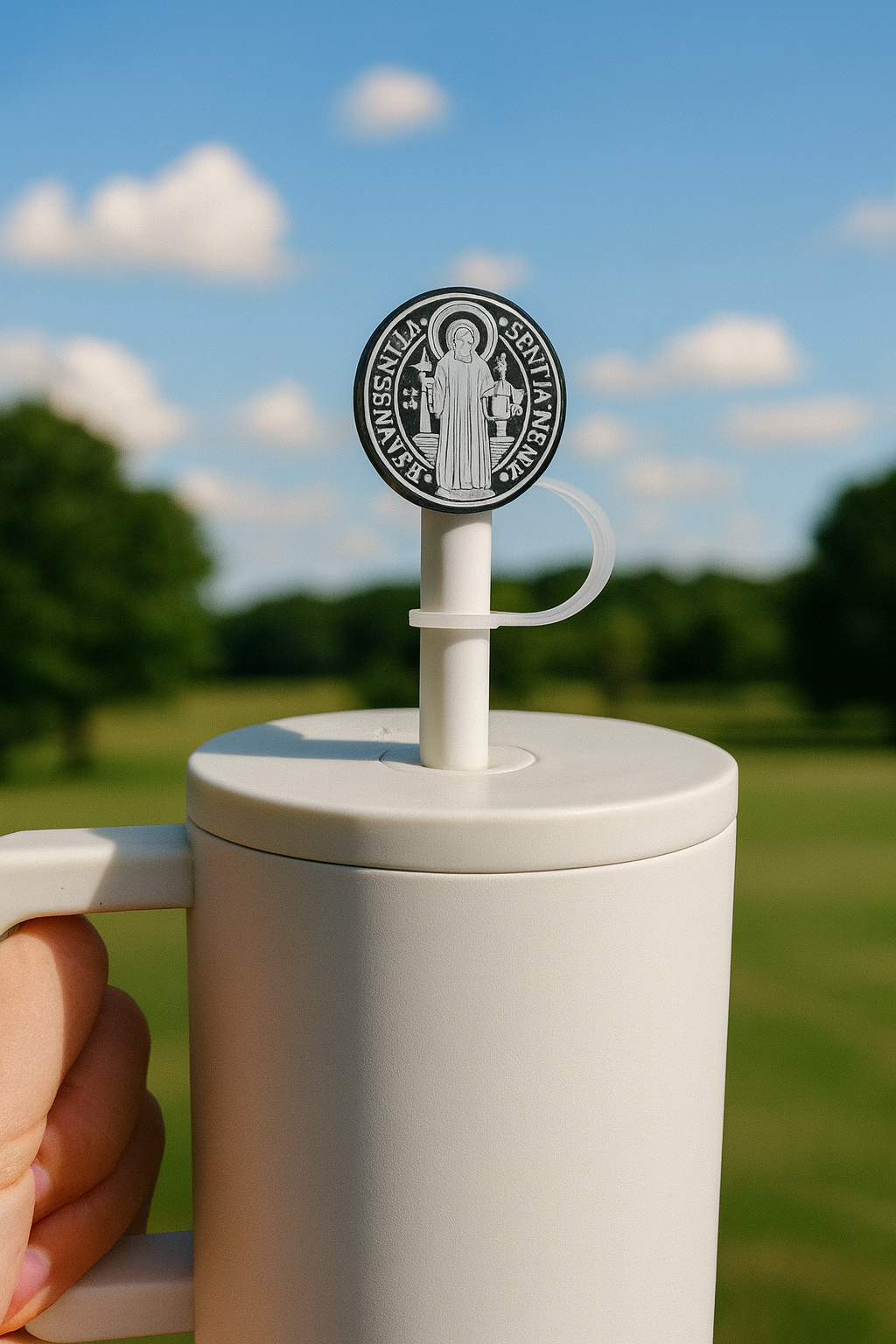 Straw topper with St. Benedict medal disc on white base