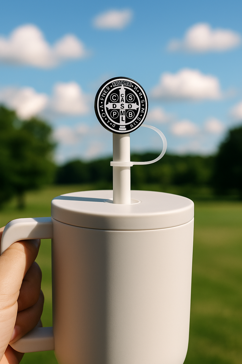 St. Benedict medal straw topper disc on white tumbler lid with loop handle