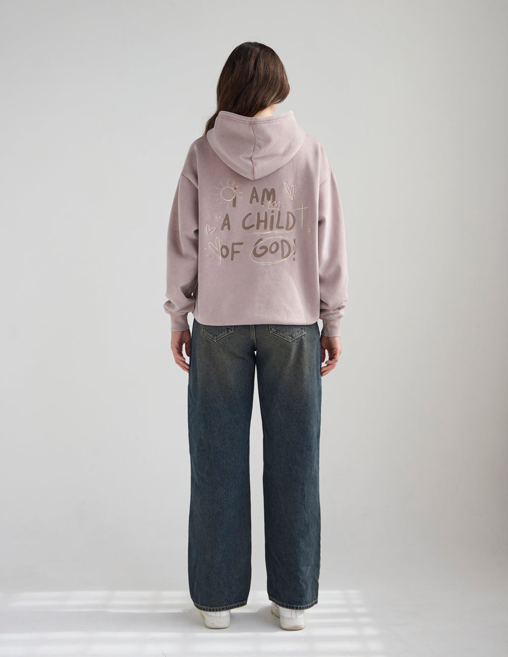 Mauve unisex hoodie with rear graphic print and adjustable hood