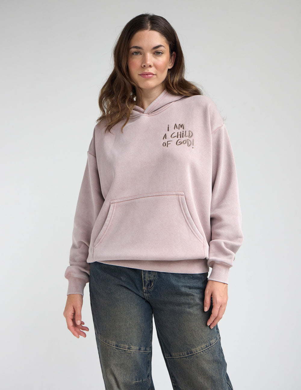 Mauve unisex hoodie with front graphic print and kangaroo pocket