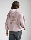 Mauve unisex hoodie with rear graphic print and adjustable hood