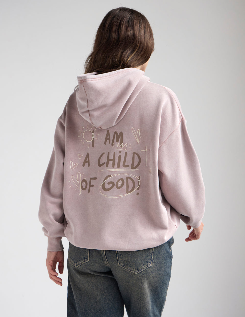 Mauve unisex hoodie with rear graphic print and adjustable hood