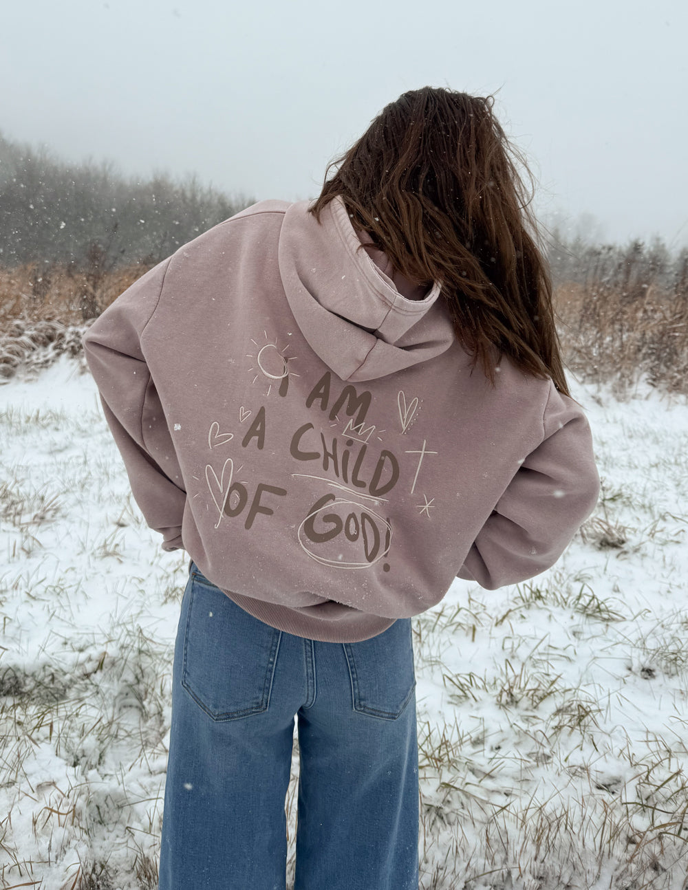 Mauve unisex hoodie with front graphic print and kangaroo pocket
