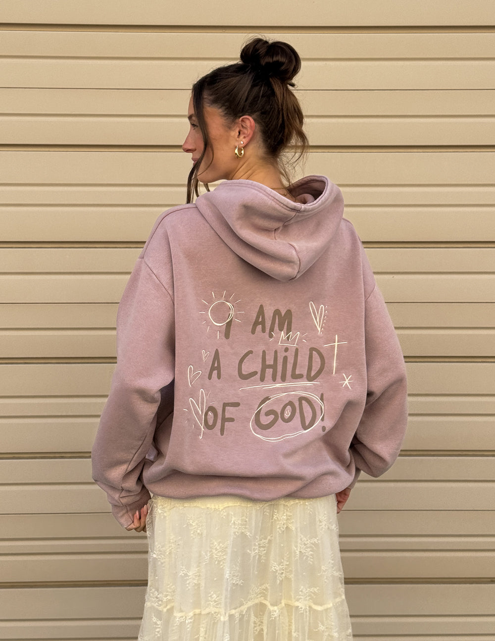 Lavender unisex hoodie with back graphic text and hood