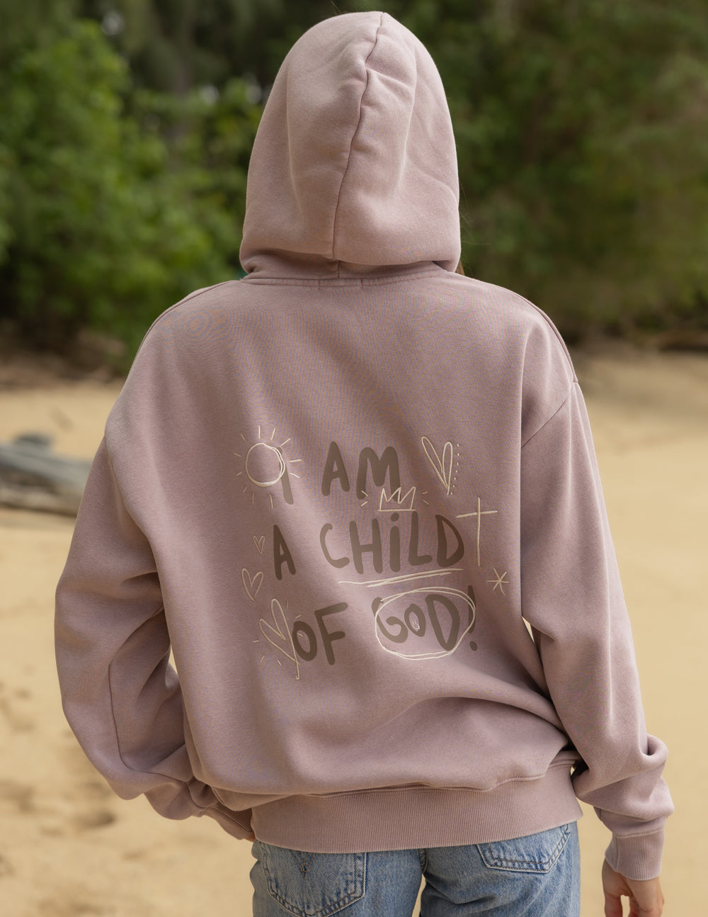 Lavender unisex hoodie viewed from back, with large back graphic