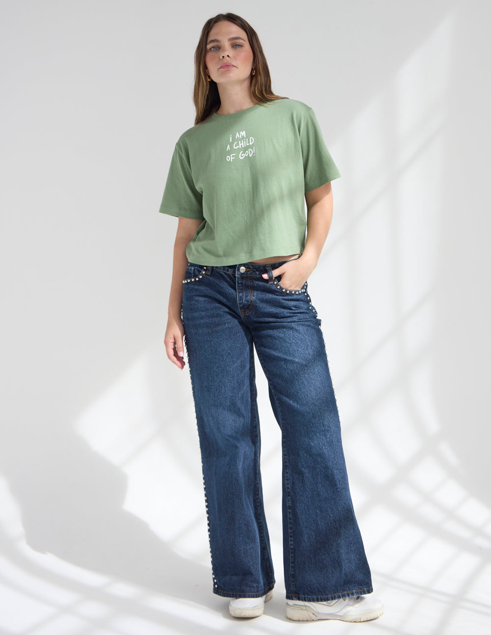 Green cropped women’s tee, crew neck with “I AM A CHILD OF GOD!” front print