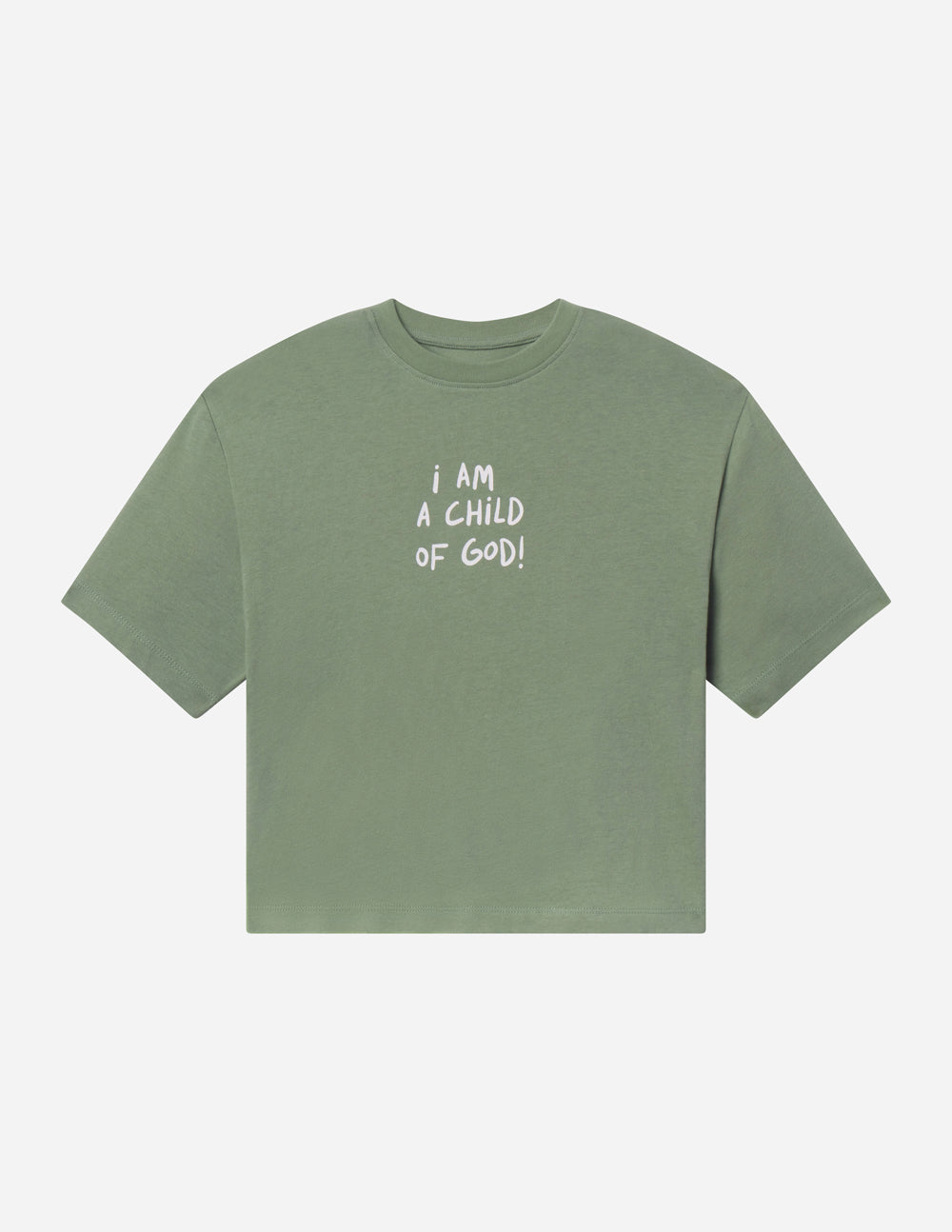 Green cropped women’s tee, short-sleeve crew neck with “I AM A CHILD OF GOD!” print