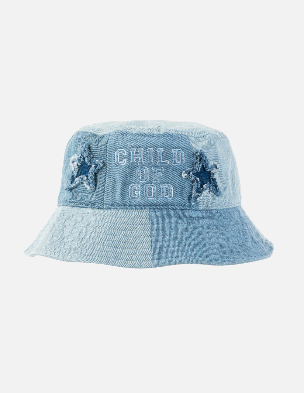 Light blue denim kids bucket hat with 'CHILD OF GOD' patch and star accents