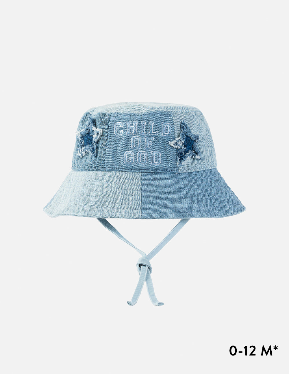 Light blue denim kids bucket hat with 'CHILD OF GOD' front patch and tie strings