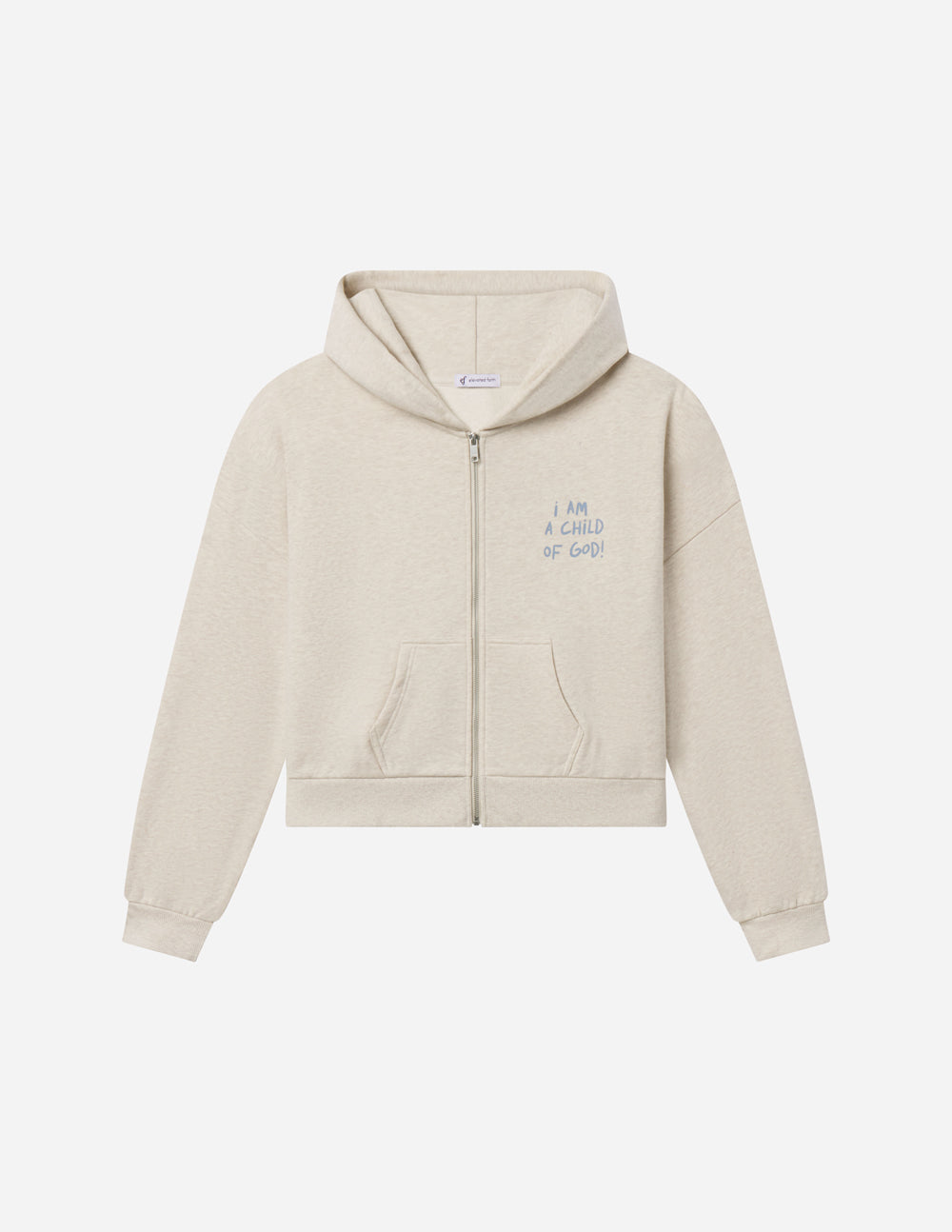 Eggshell full-zip hoodie front view with zip and pouch pockets