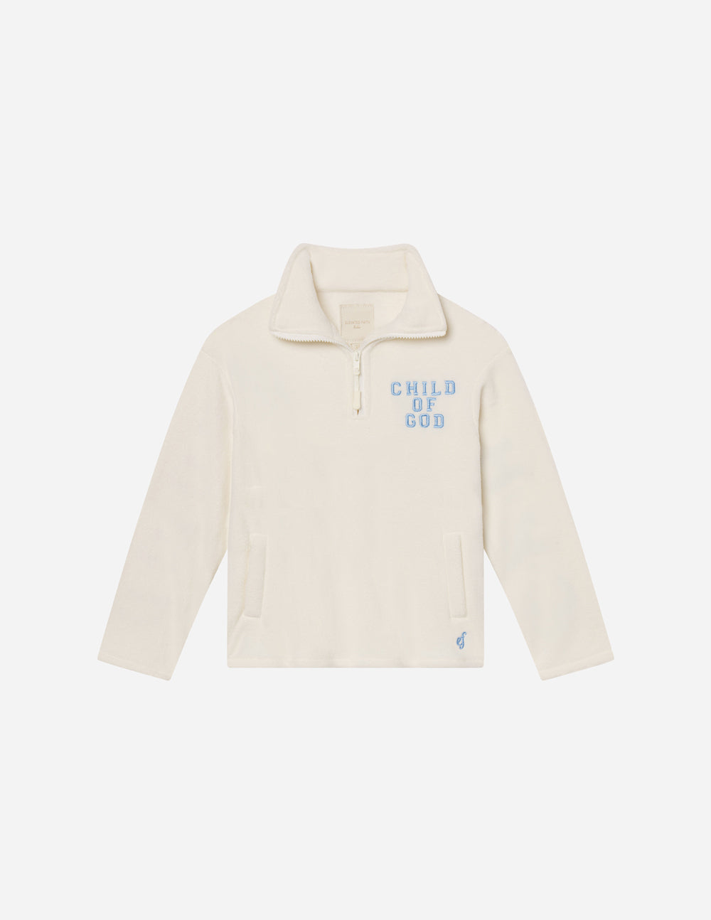 Kids fleece pullover, off-white quarter-zip with raised collar and embroidered front logo