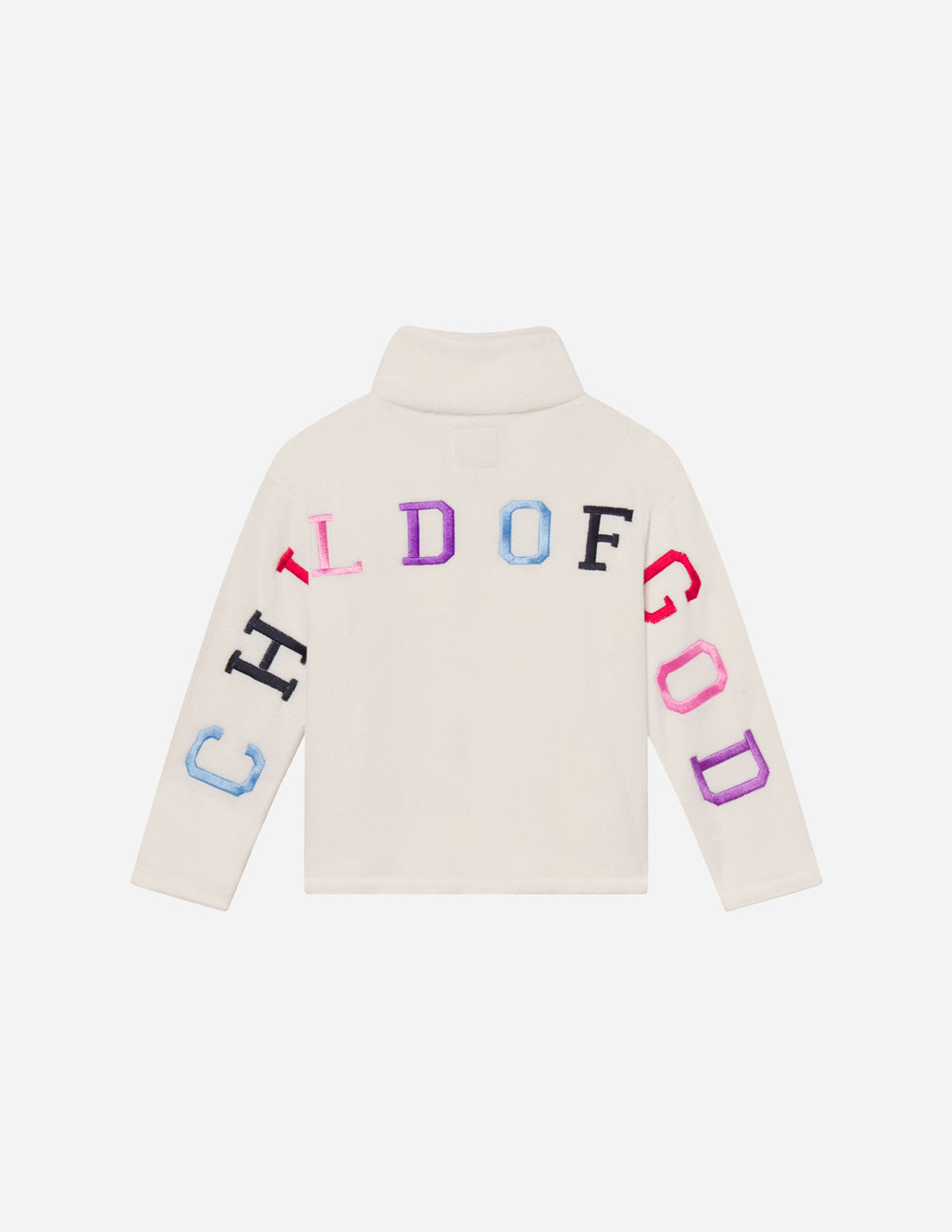 Kids fleece pullover, off-white back with multicolor “CHILD OF GOD” lettering