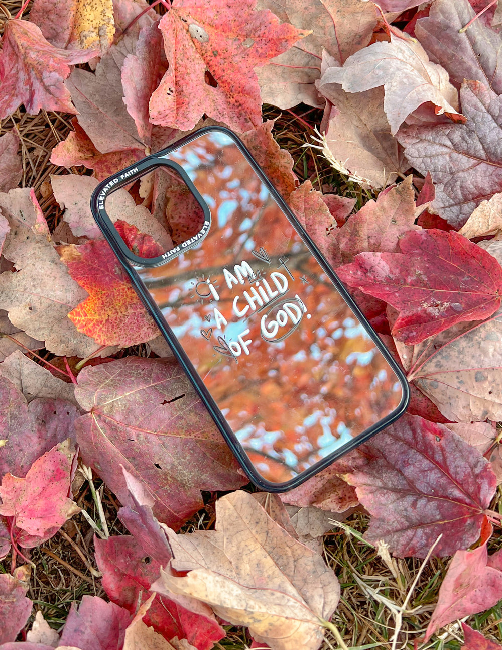 Mirror phone case with black frame and marbled mirror finish, "I AM CHILD OF GOD"