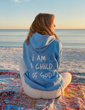 Light blue unisex hoodie, back print and drawstring hood