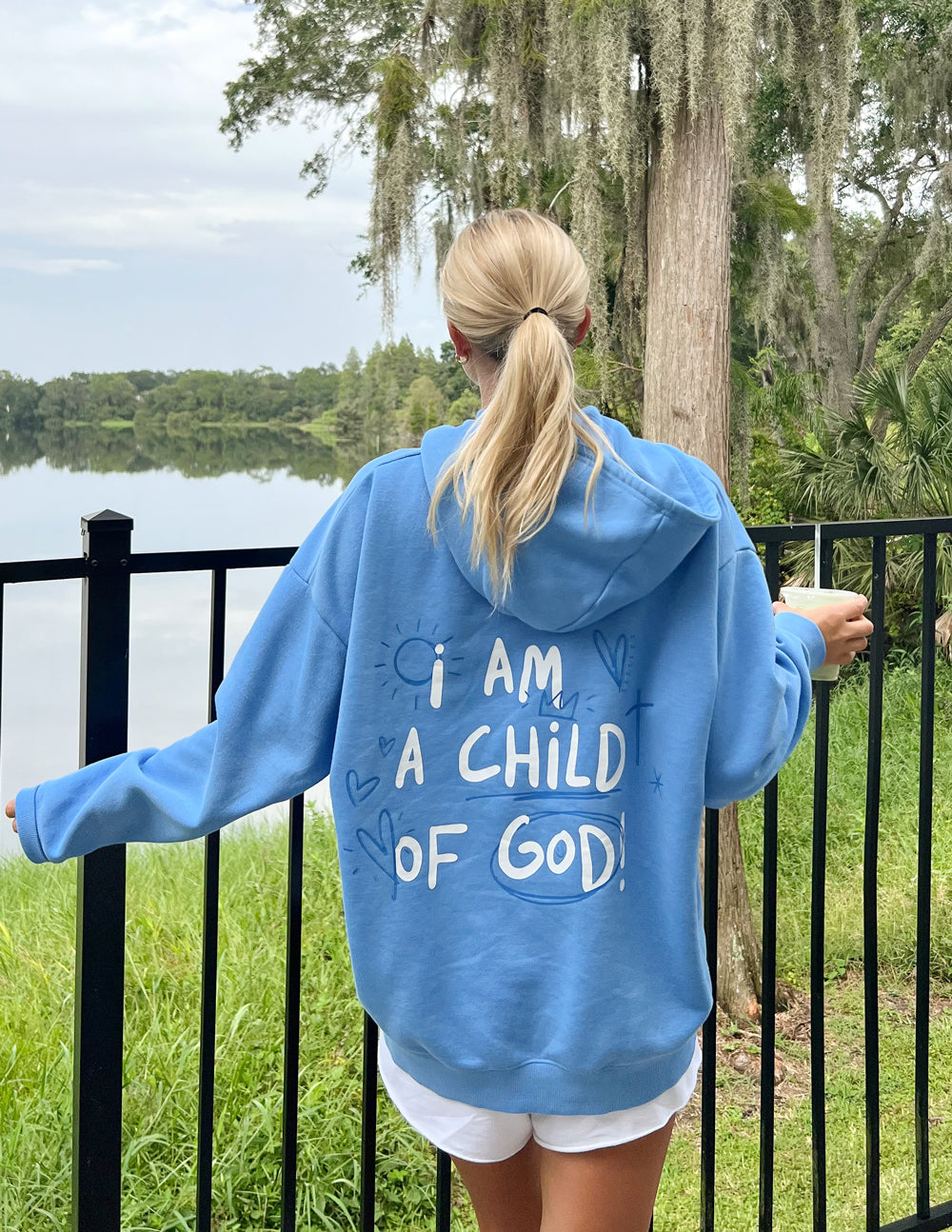 Unisex hoodie, blue, back graphic “I AM A CHILD OF GOD!”