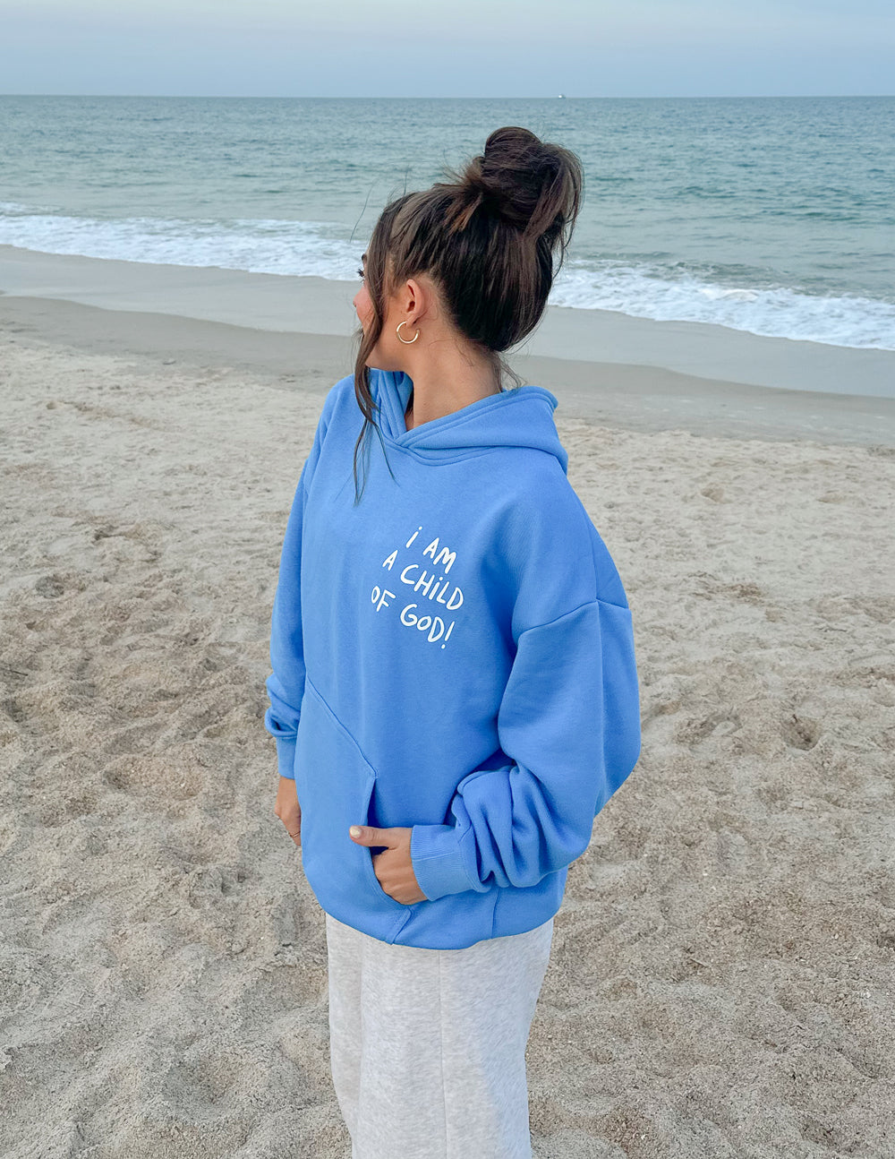 Light blue unisex hoodie, back print and hood with kangaroo pocket