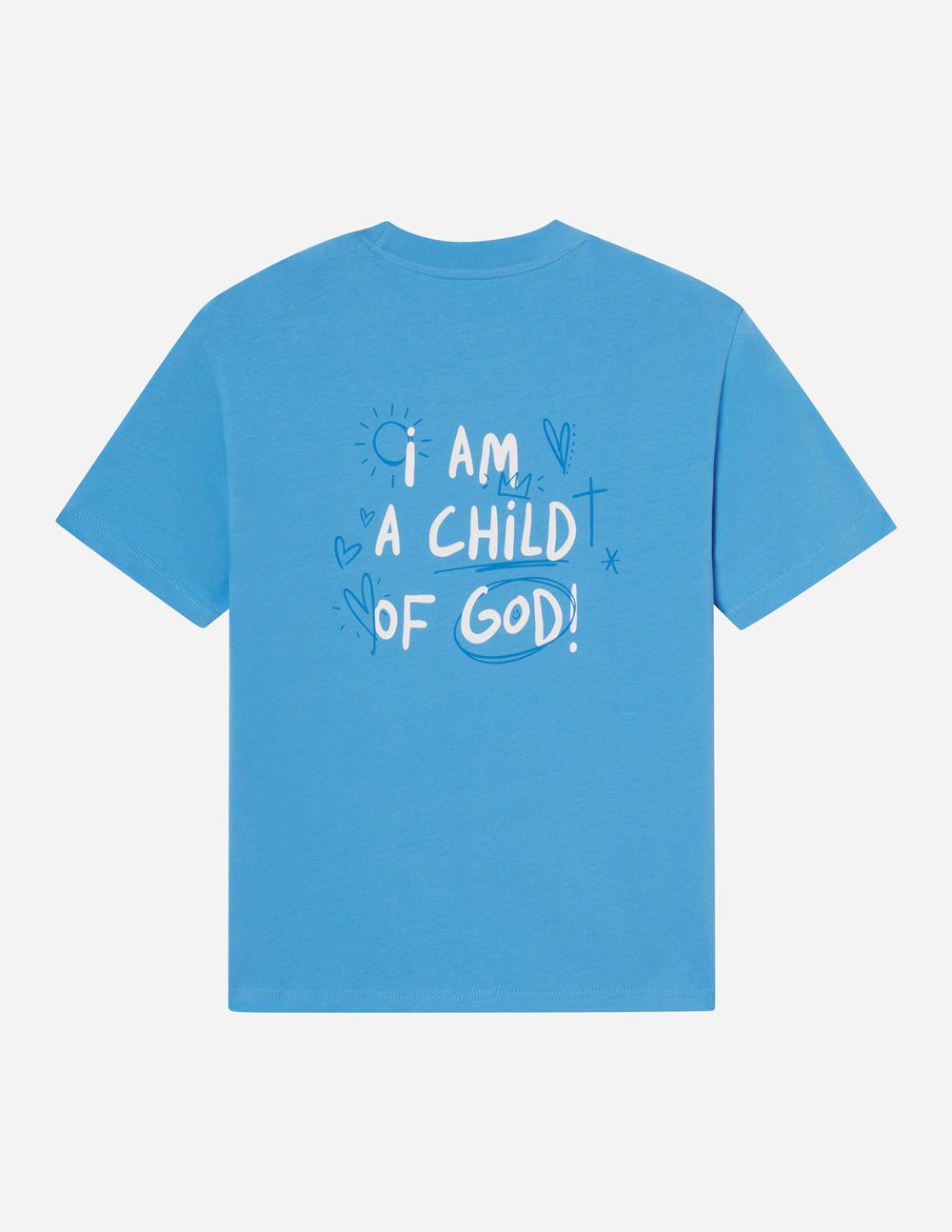 Blue unisex T-shirt with back graphic I AM A CHILD OF GOD text