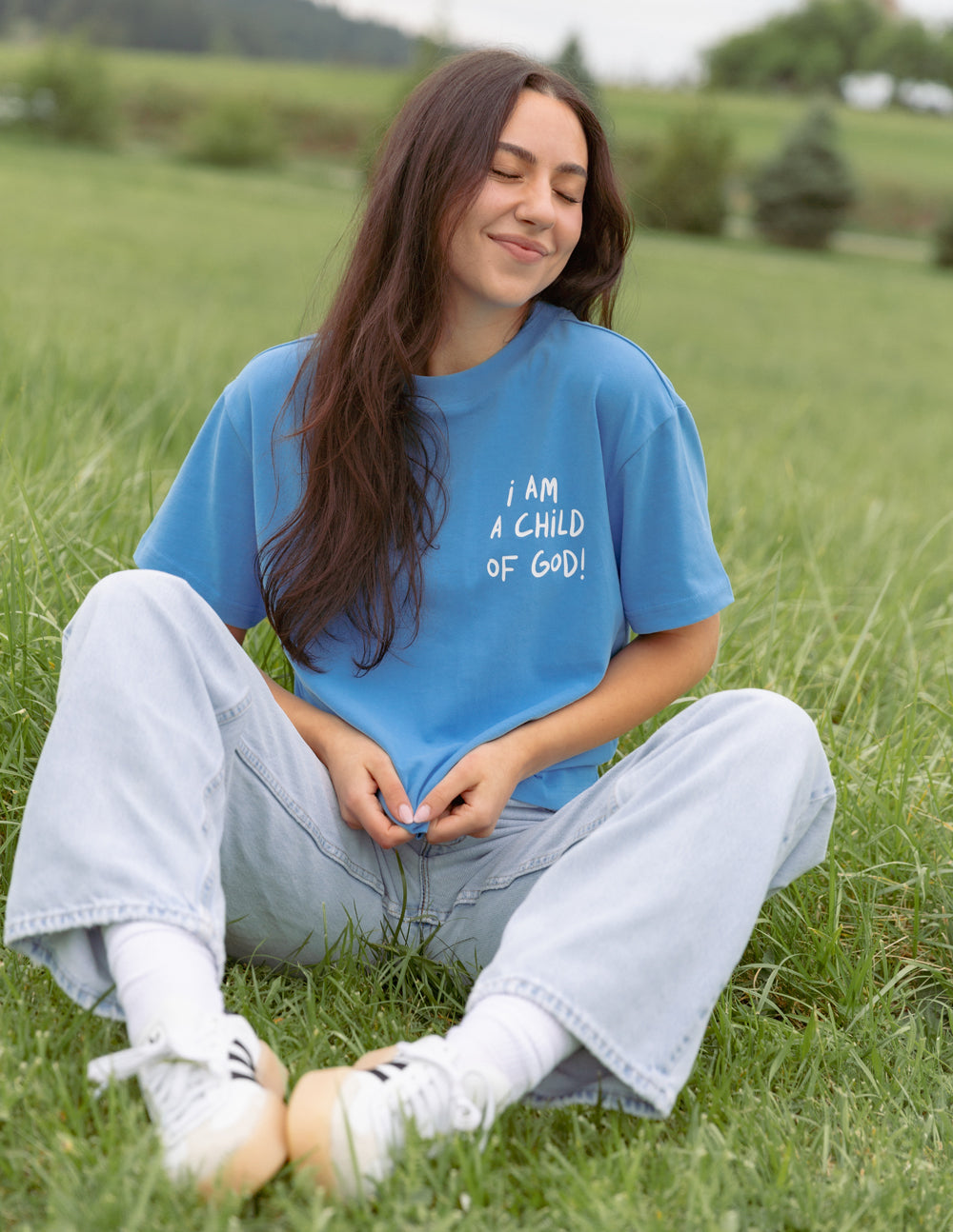 Blue unisex T-shirt with front “I AM A CHILD OF GOD!” text