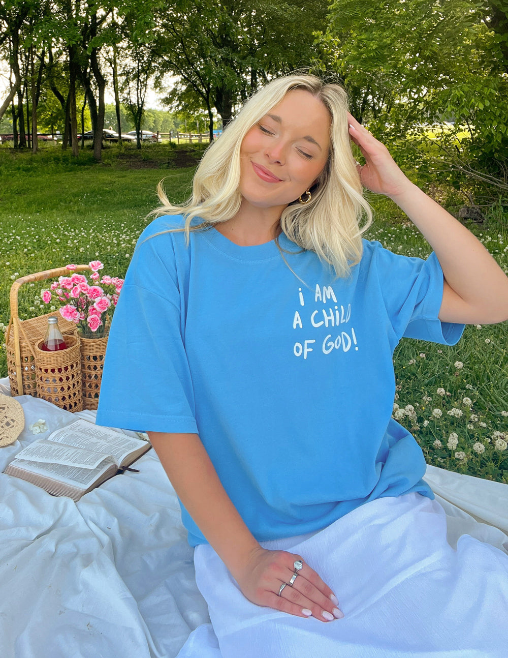 Blue unisex T-shirt with front “I AM A CHILD OF GOD!” text