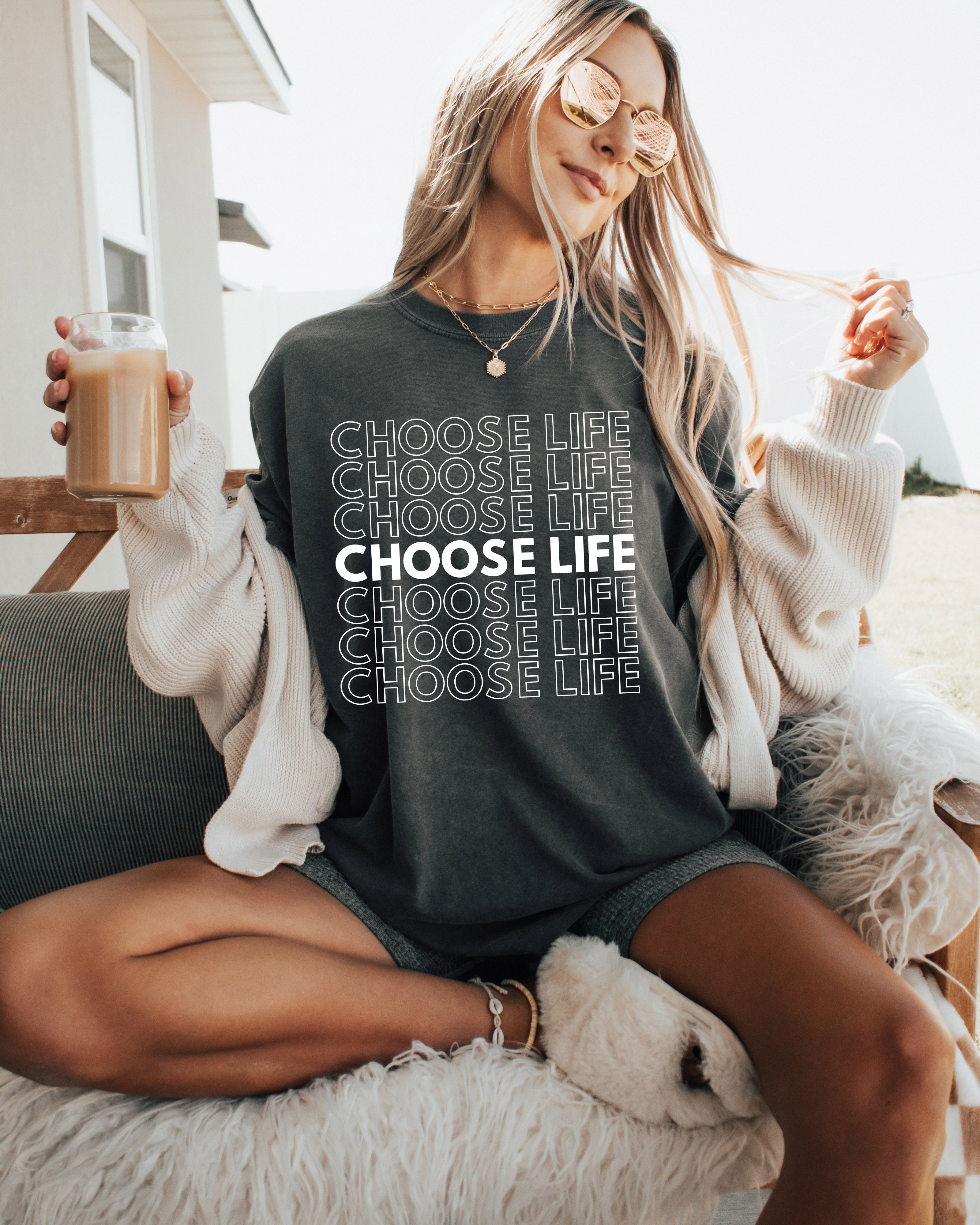 Dark gray unisex T-shirt with stacked 'CHOOSE LIFE' text graphic