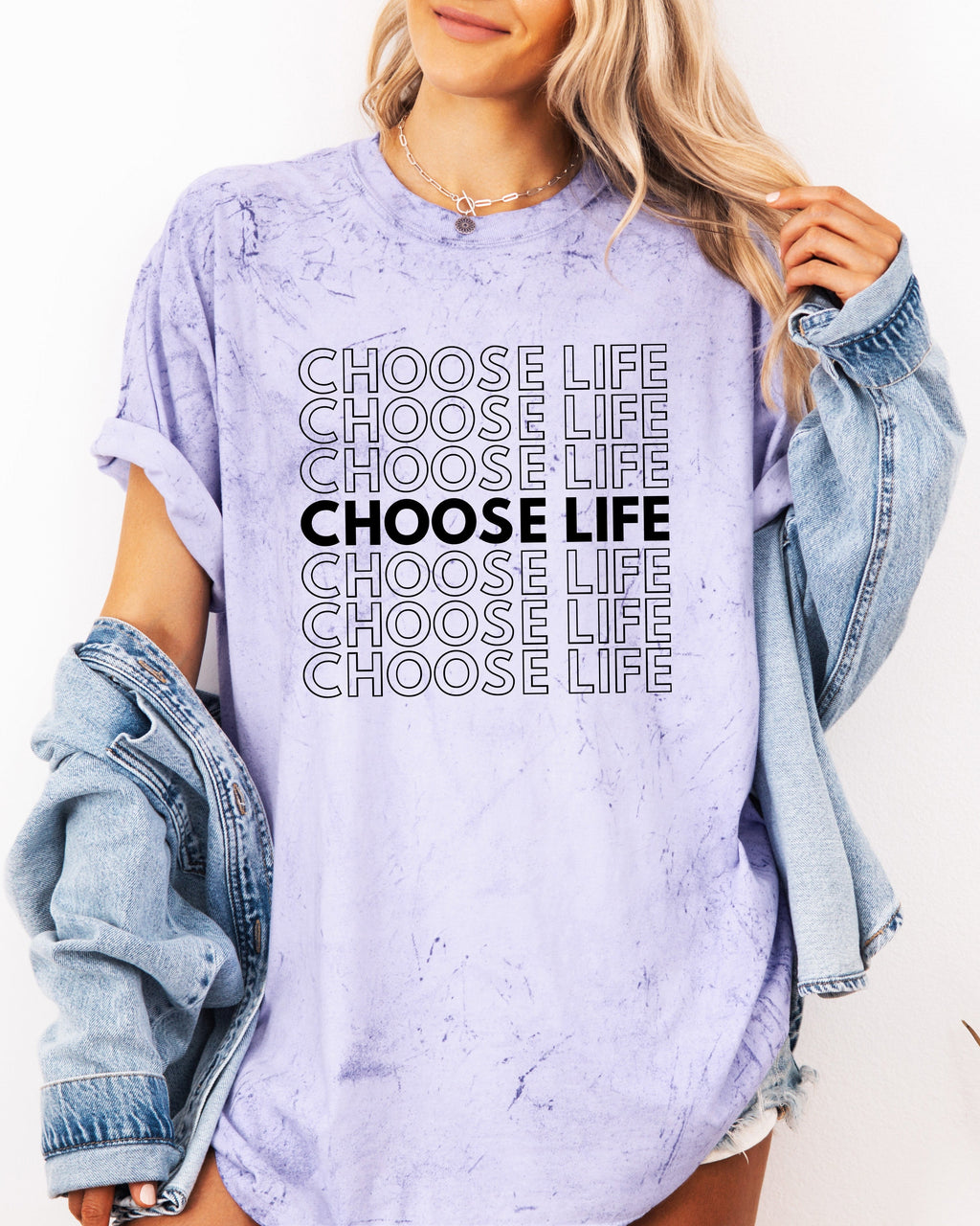 Lavender Christian t-shirt with “CHOOSE LIFE” text graphic on the front.