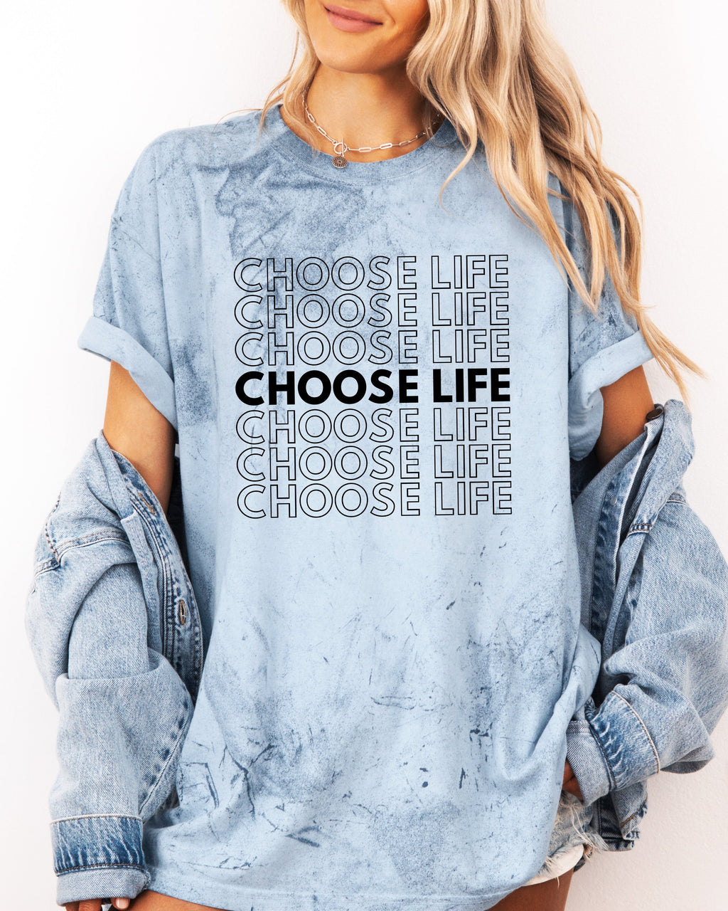 Light blue unisex T-shirt with stacked 'CHOOSE LIFE' text graphic