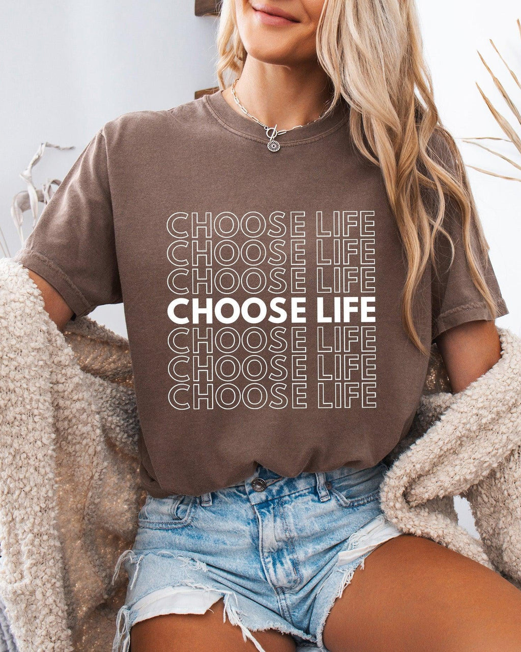 Brown unisex T-shirt with stacked 'CHOOSE LIFE' text graphic