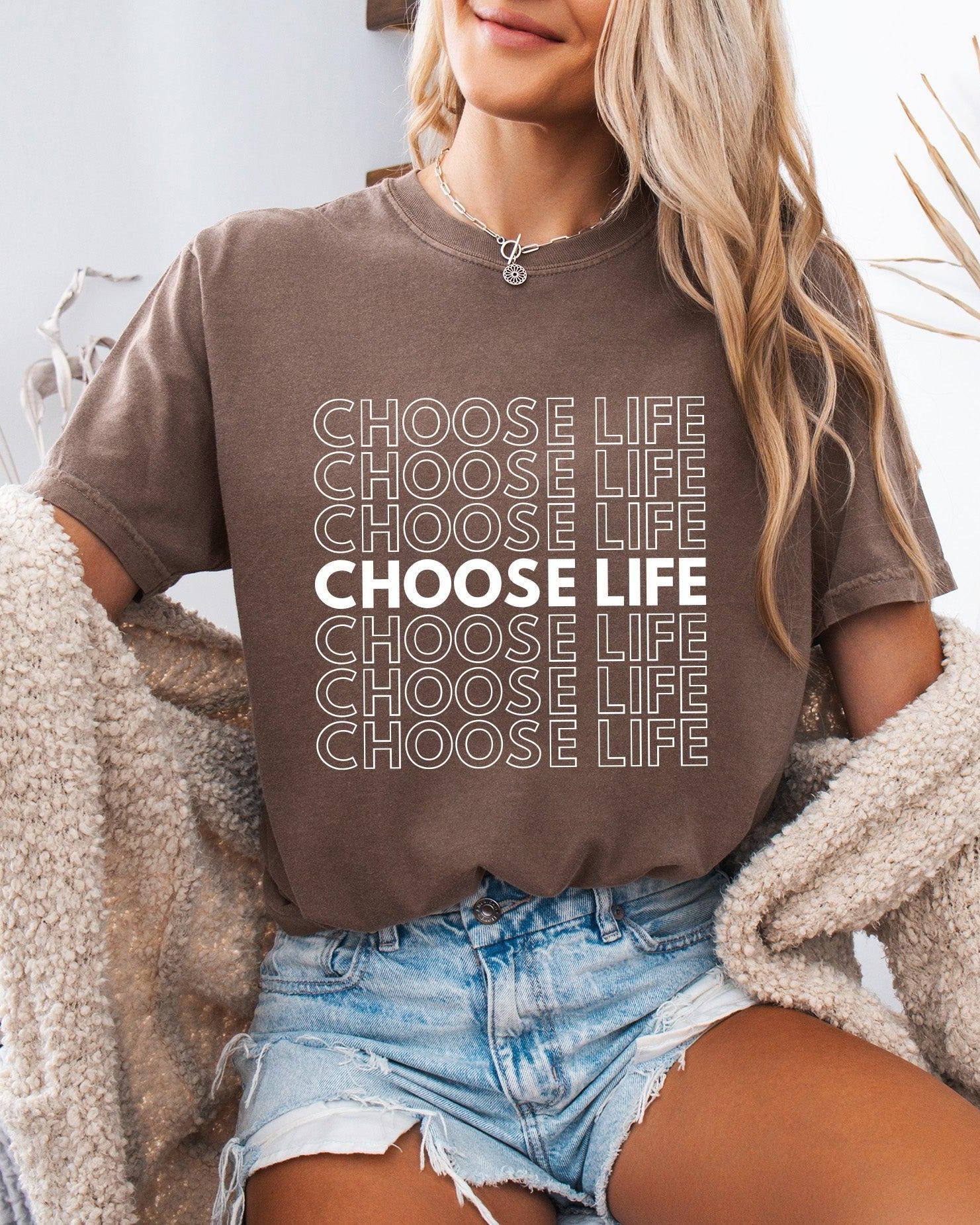 Brown unisex T-shirt with stacked 'CHOOSE LIFE' text graphic