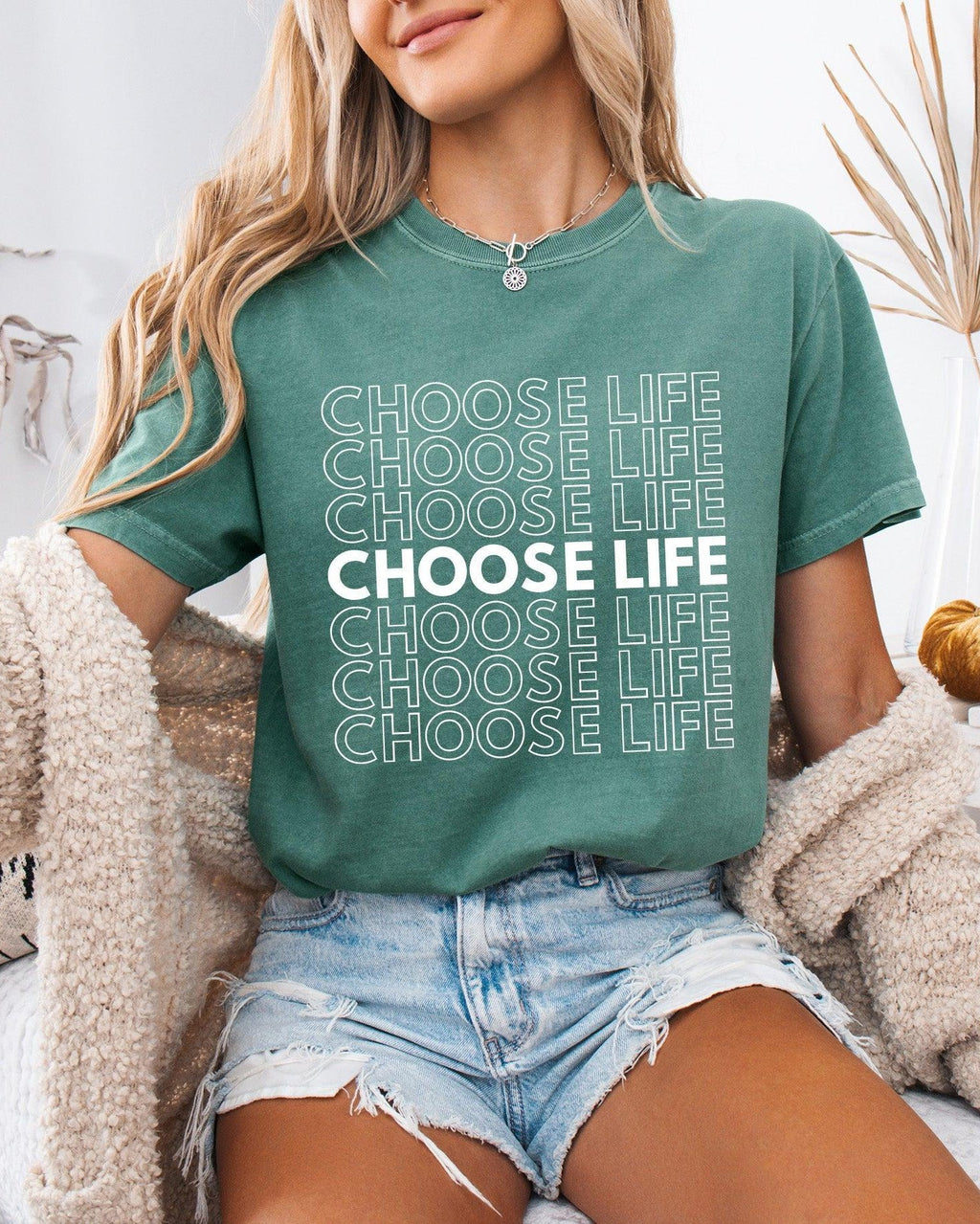 Forest green unisex T-shirt with stacked 'CHOOSE LIFE' text graphic