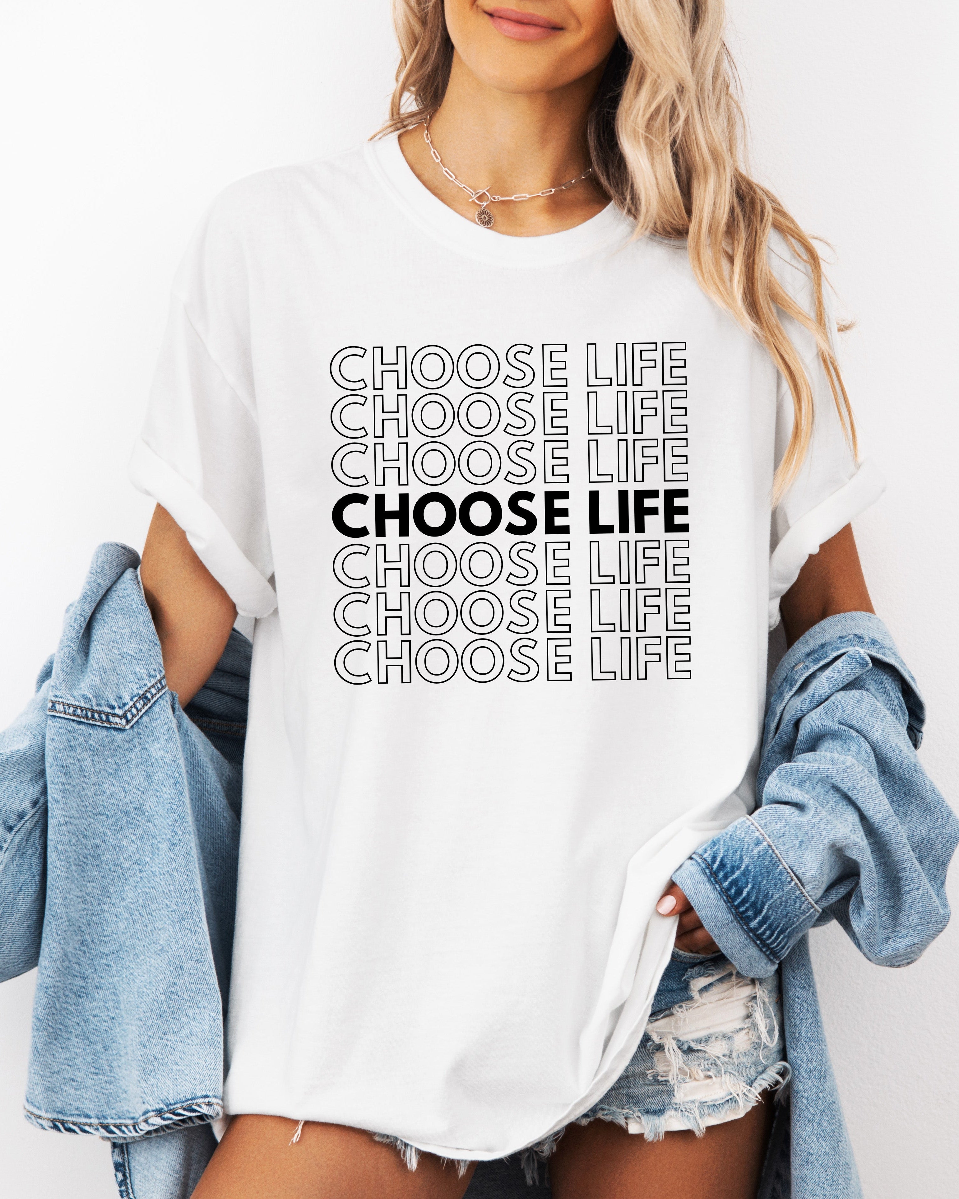 White Christian t-shirt with “CHOOSE LIFE” text graphic on the front.