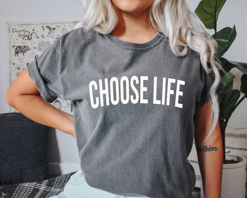 Heather gray crew-neck T-shirt with 'CHOOSE LIFE' white front text