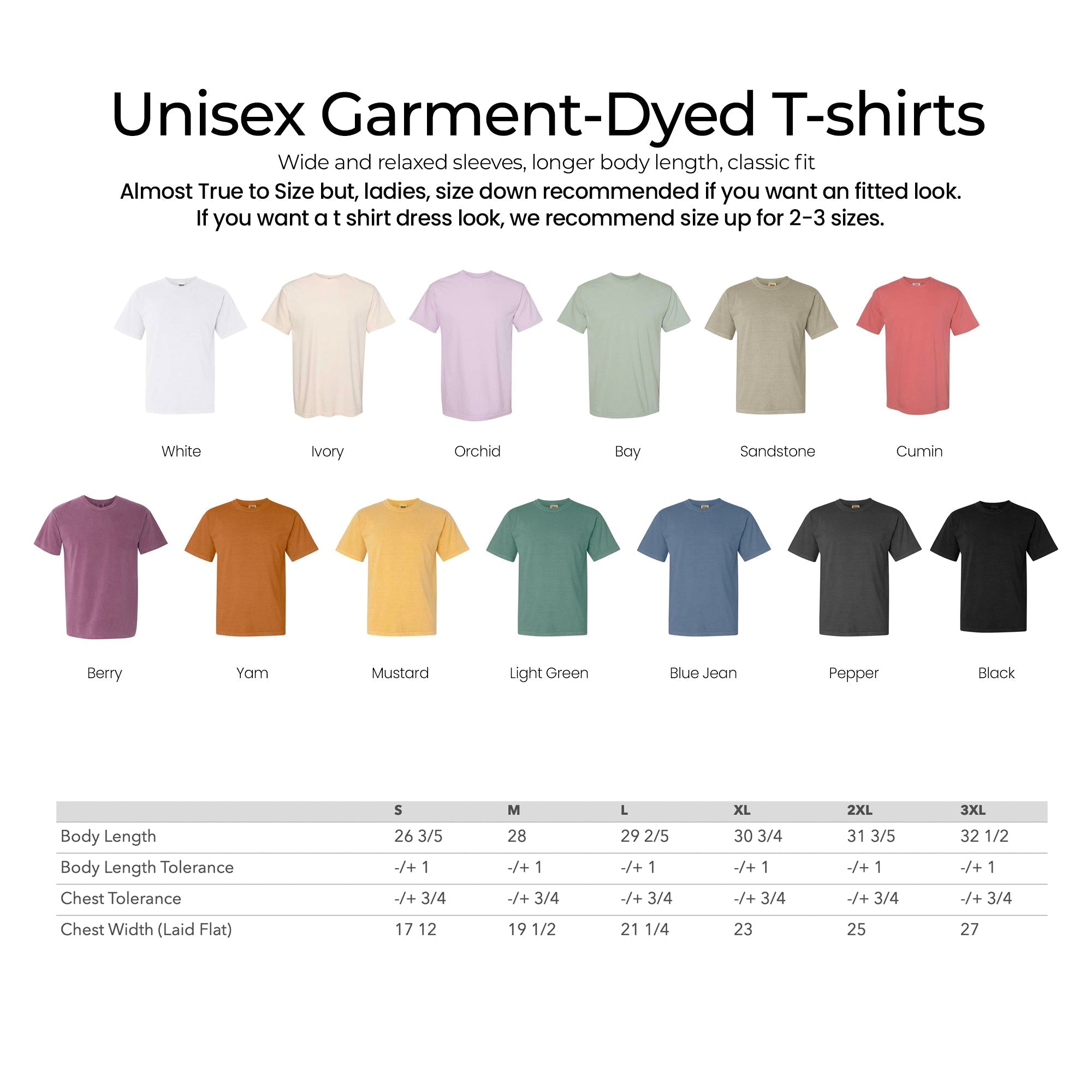 Unisex garment-dyed T-shirts color options and size chart