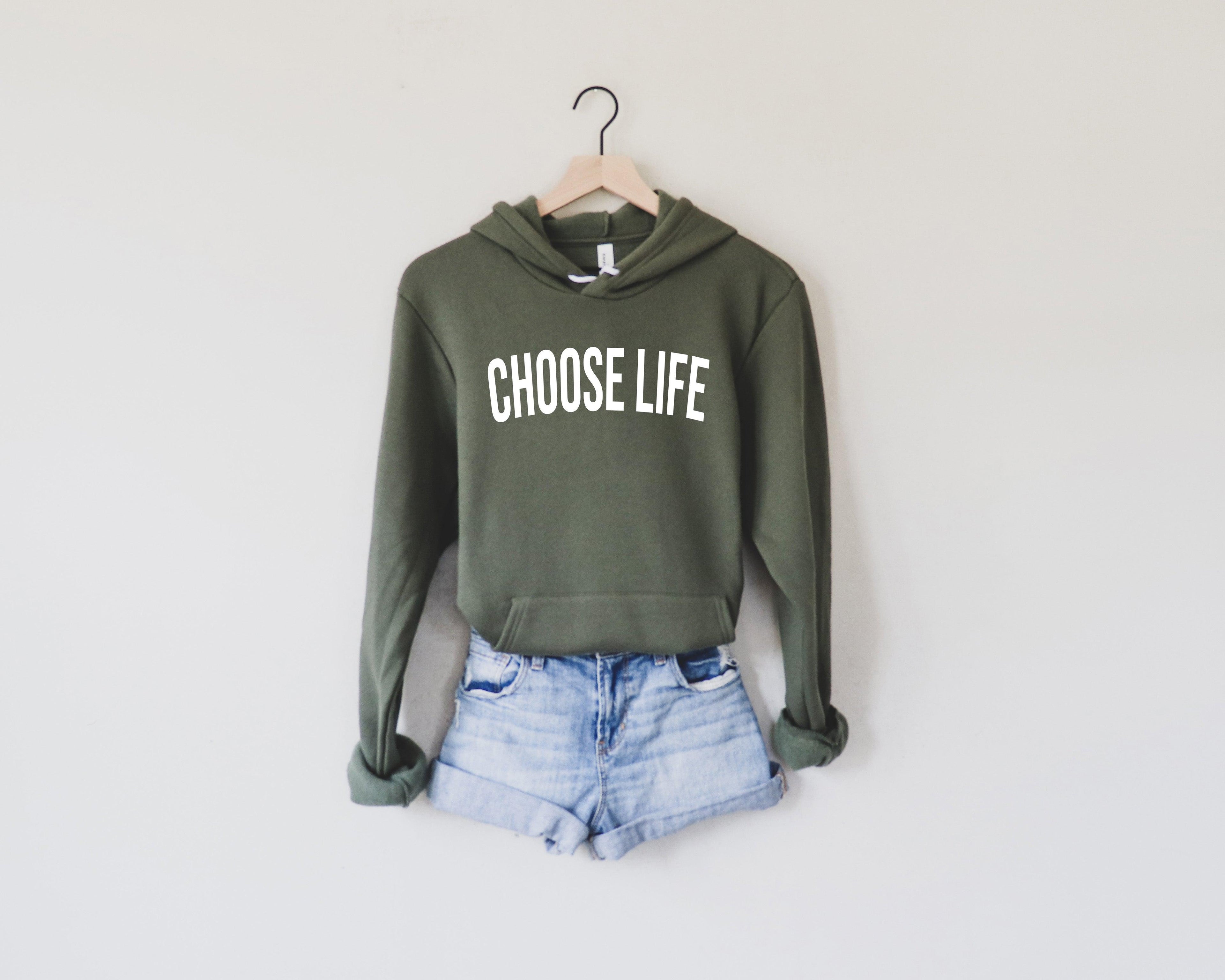 Sponge fleece hooded sweatshirt in dark green with 'Choose Life' front print